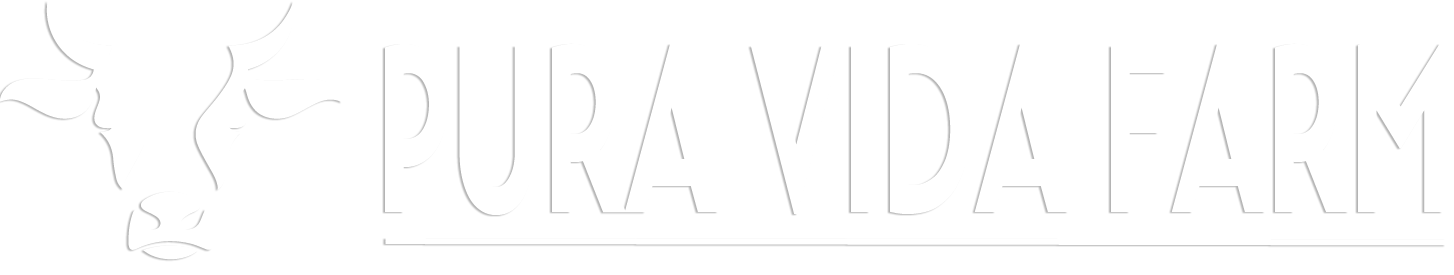 Logo-2-White Logo of Pura Vida Farm featuring a cow illustration, representing sustainable farming practices and organic agriculture.